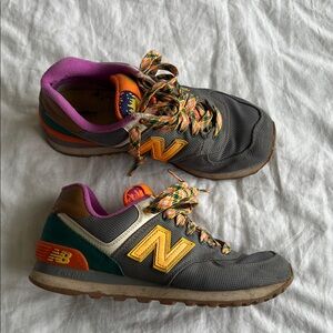 *Rare* New Balance 574 Gray Sneakers with Yellow and Pink Highlights - Size 7.5